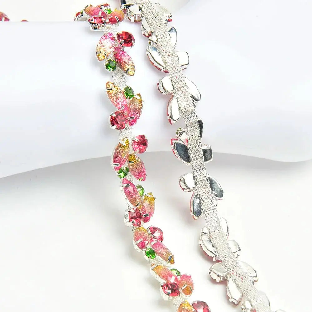 Jelly Pink Leaf Diamond Rhinestone Ribbon Trim Glitter Crystal Chain DIY Dress Belt Applique for Clothing Shoes Accessories