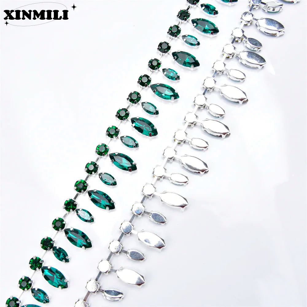 Glass Rhinestone Chain 8mm Round+8x13mm Teardrop Clear Crystal Trimming Gold Metal Base 2cm Width Sew On Garment DIY