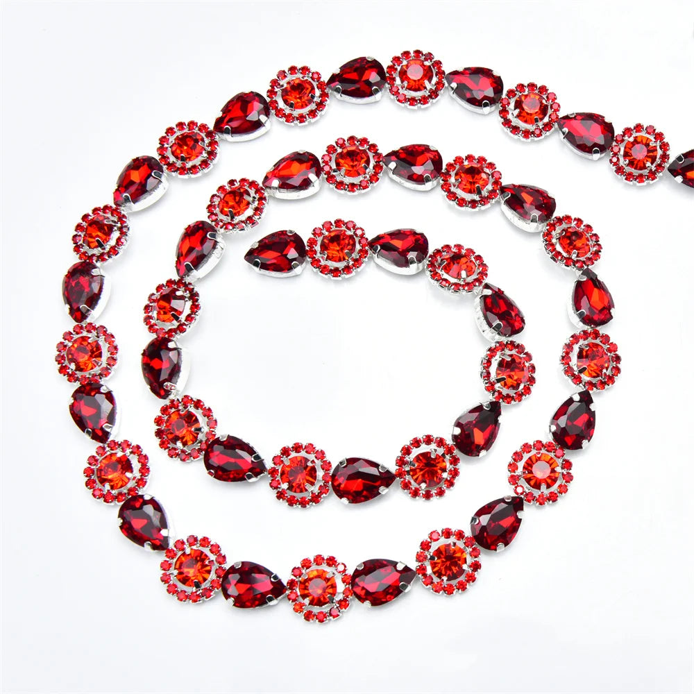 3 Yard Red Green Royal Blue Teardrop Crystal Trim Applique Round Flower Rhinestone Chain Decorative Dress Clothing Accessories