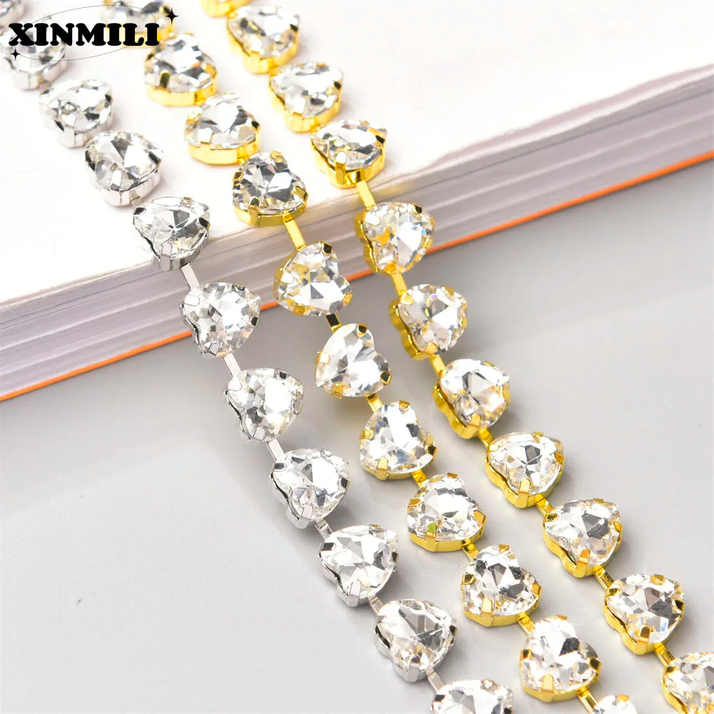 10mm High Quality Multi-color Heart Glass Crystal Metal Cup Chain DIY Wedding Jewelry Clothing Accessories Rhinestone Trim