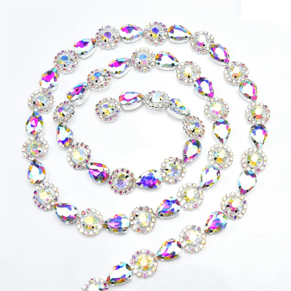 3 Yard Red Green Royal Blue Teardrop Crystal Trim Applique Round Flower Rhinestone Chain Decorative Dress Clothing Accessories