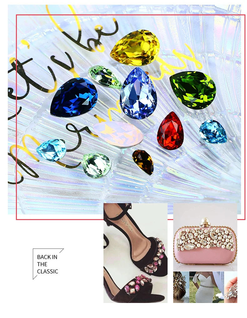 K9 30x40mm teardrop Glass Rhinestones High Quality Pointback Loose Glass Crystal Glue on Garment Crafts