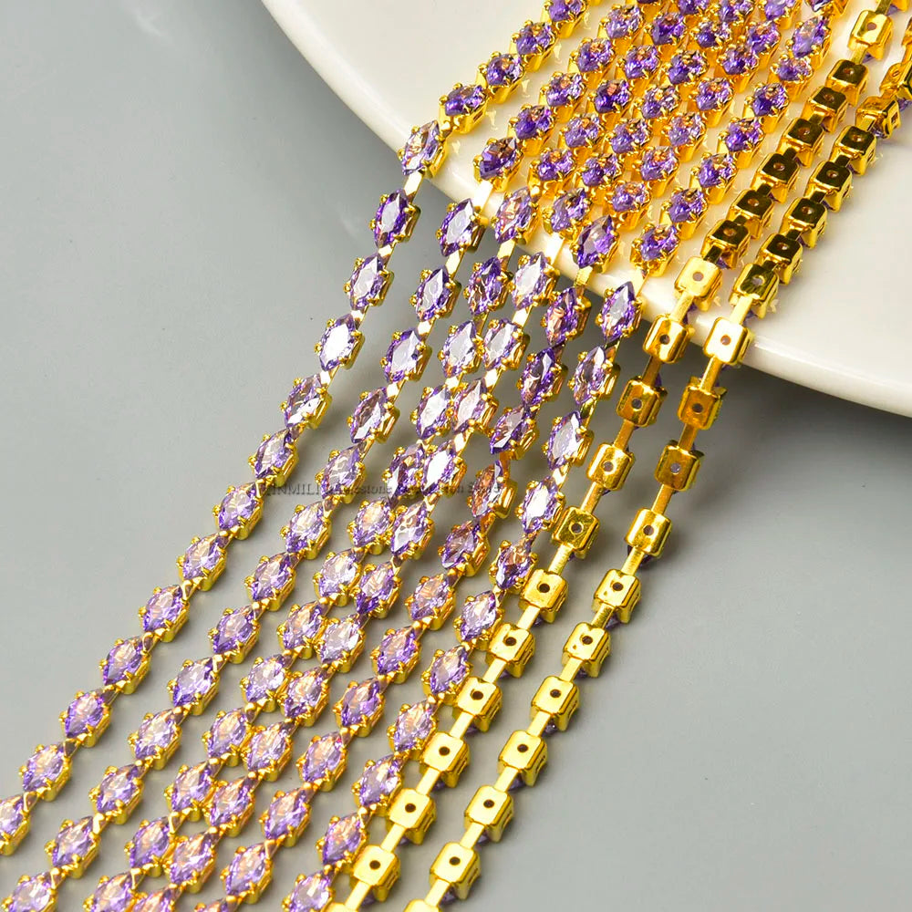 Horse Eye Zircon Chain,Sparkling Decorative Crystal Trim, Rhinestone Strip, DIY Clothes Accessories, Pink, Red, Green, Purple
