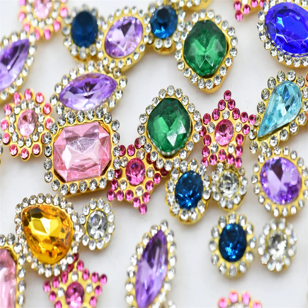 50pcs Glitter Mixed Shape mixed size sunflower Acrylic stones Rhinestone with gold Claw Acrylic sewing apliques  glitter