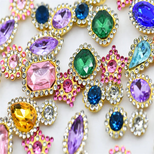 50pcs Glitter Mixed Shape mixed size sunflower Acrylic stones Rhinestone with gold Claw Acrylic sewing apliques  glitter