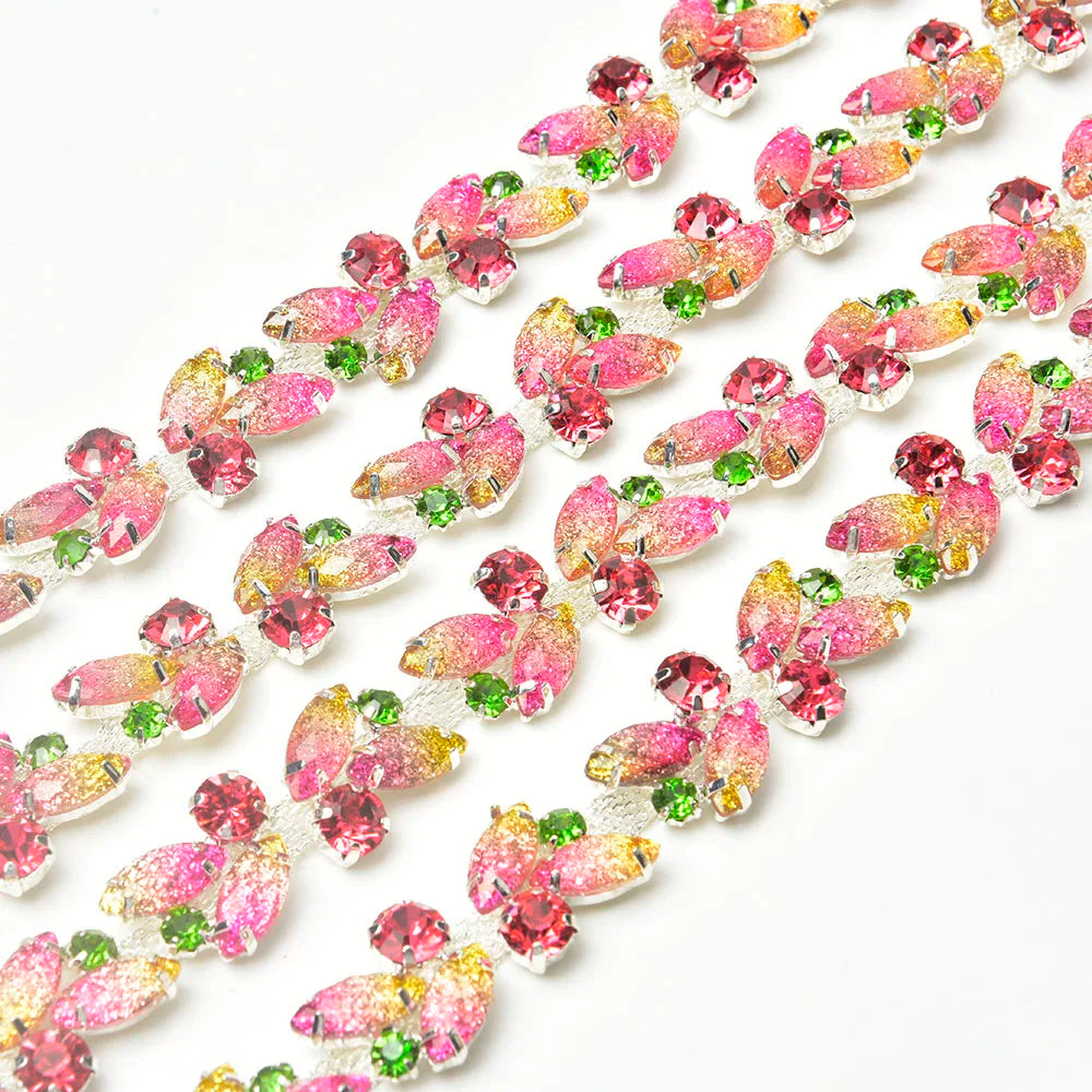 Jelly Pink Leaf Diamond Rhinestone Ribbon Trim Glitter Crystal Chain DIY Dress Belt Applique for Clothing Shoes Accessories