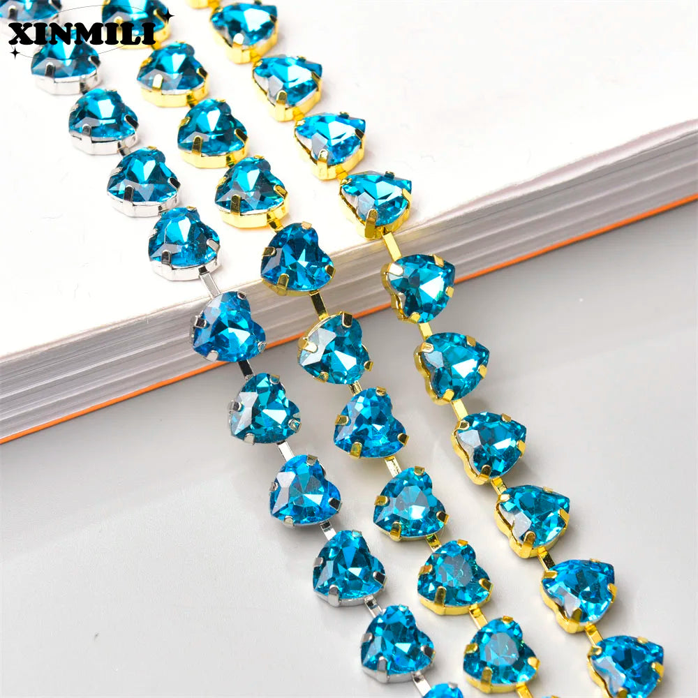 10mm High Quality Multi-color Heart Glass Crystal Metal Cup Chain DIY Wedding Jewelry Clothing Accessories Rhinestone Trim