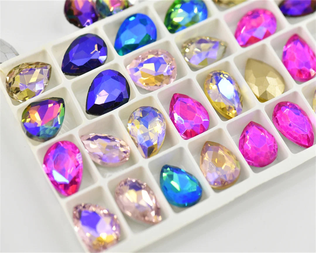 Color AB strass crystal teardrop rhinestones  wedding Jewelry Accessories glass stones pointback beads 20x30mm 13x18mm 10x14mm