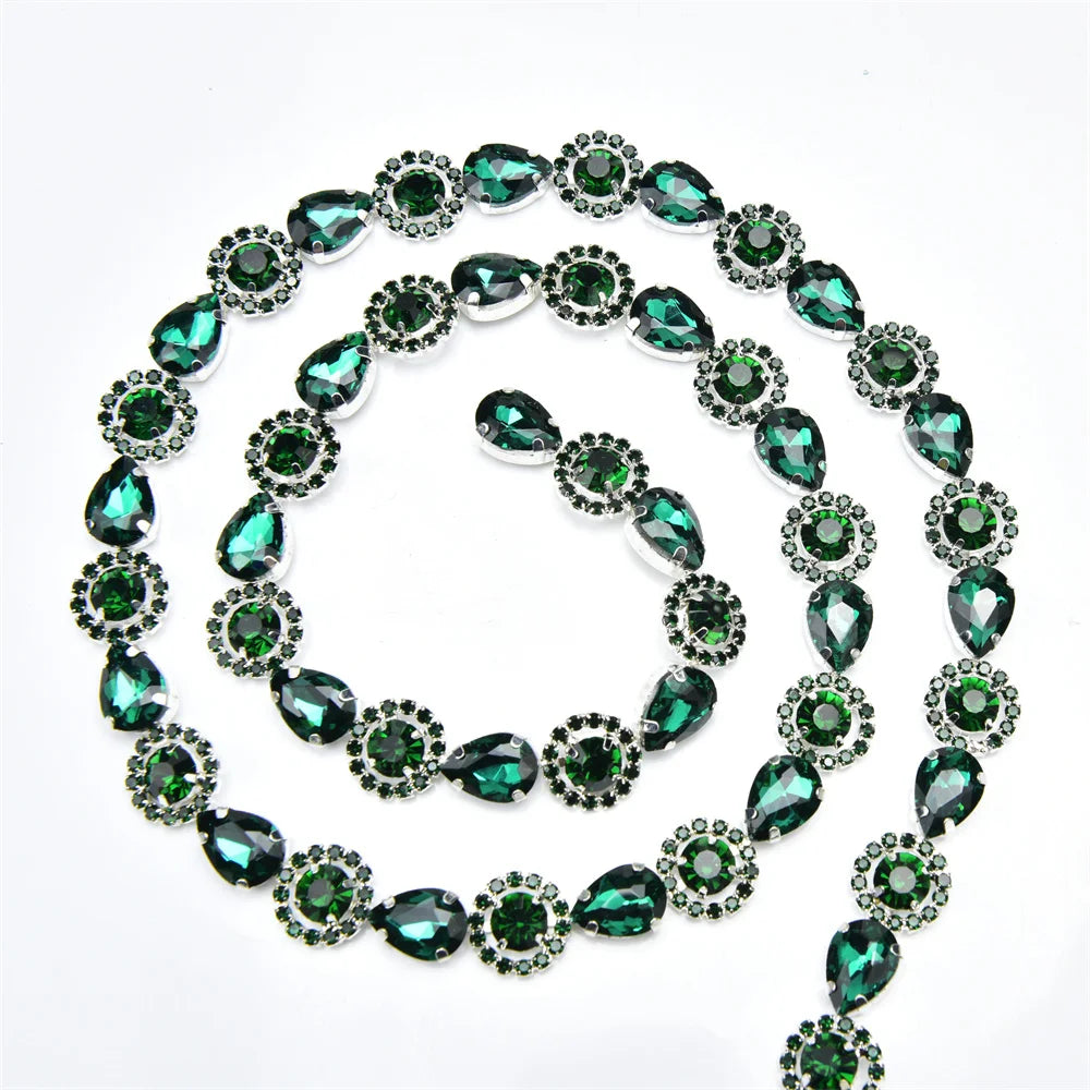 3 Yard Red Green Royal Blue Teardrop Crystal Trim Applique Round Flower Rhinestone Chain Decorative Dress Clothing Accessories