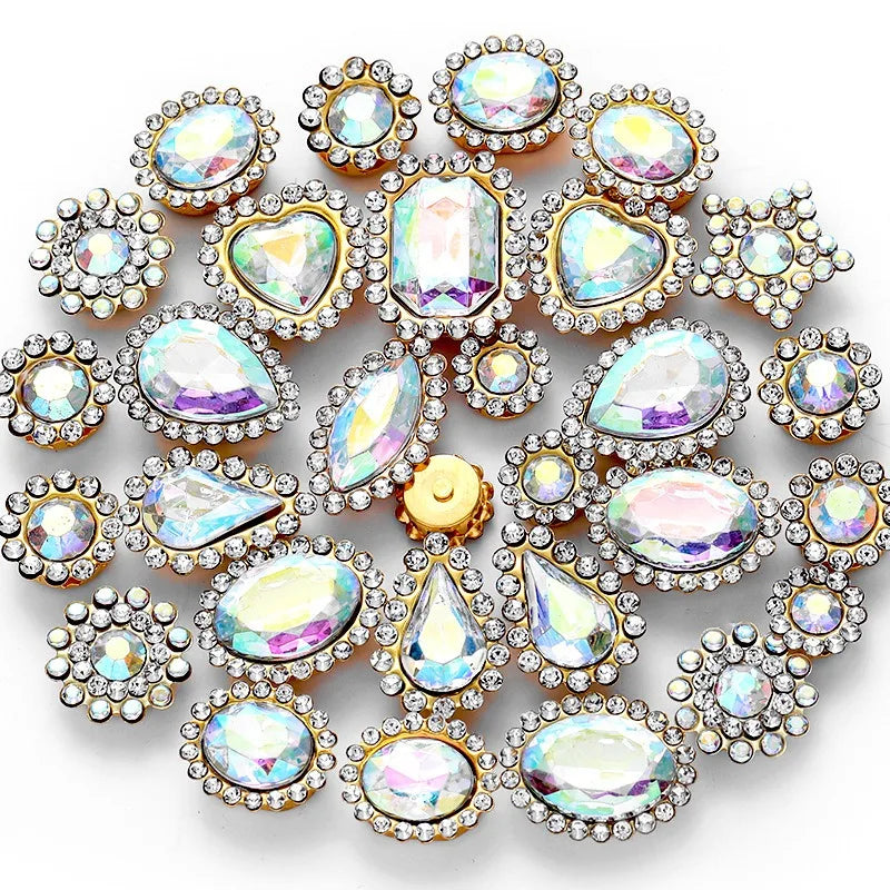 50pcs Glitter Mixed Shape mixed size sunflower Acrylic stones Rhinestone with gold Claw Acrylic sewing apliques  glitter