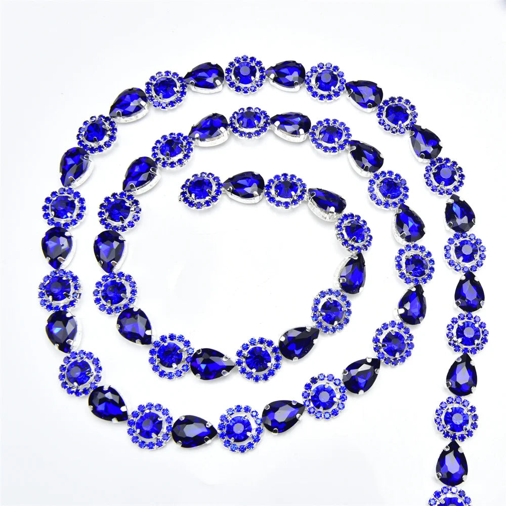 3 Yard Red Green Royal Blue Teardrop Crystal Trim Applique Round Flower Rhinestone Chain Decorative Dress Clothing Accessories