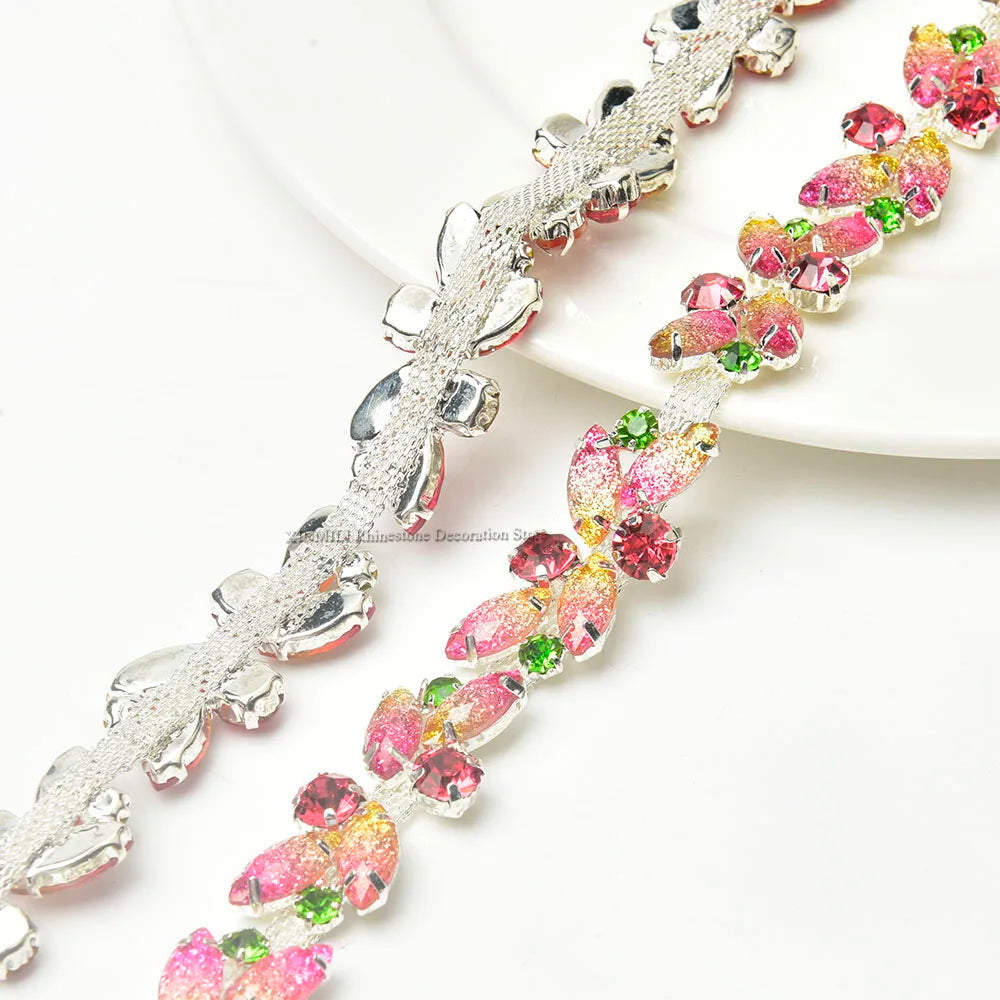 Jelly Pink Leaf Diamond Rhinestone Ribbon Trim Glitter Crystal Chain DIY Dress Belt Applique for Clothing Shoes Accessories