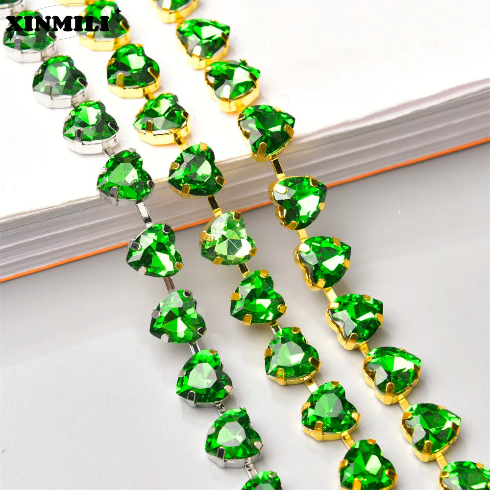 10mm High Quality Multi-color Heart Glass Crystal Metal Cup Chain DIY Wedding Jewelry Clothing Accessories Rhinestone Trim