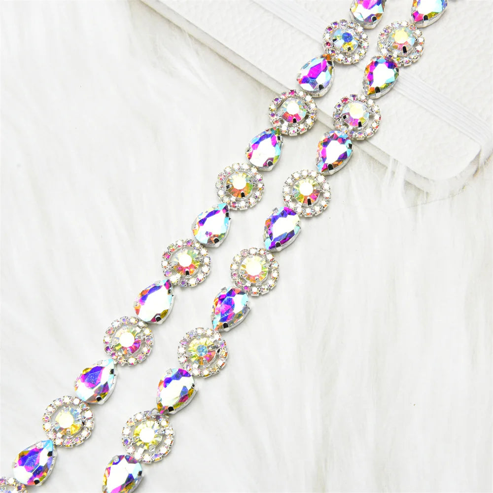 3 Yard Red Green Royal Blue Teardrop Crystal Trim Applique Round Flower Rhinestone Chain Decorative Dress Clothing Accessories