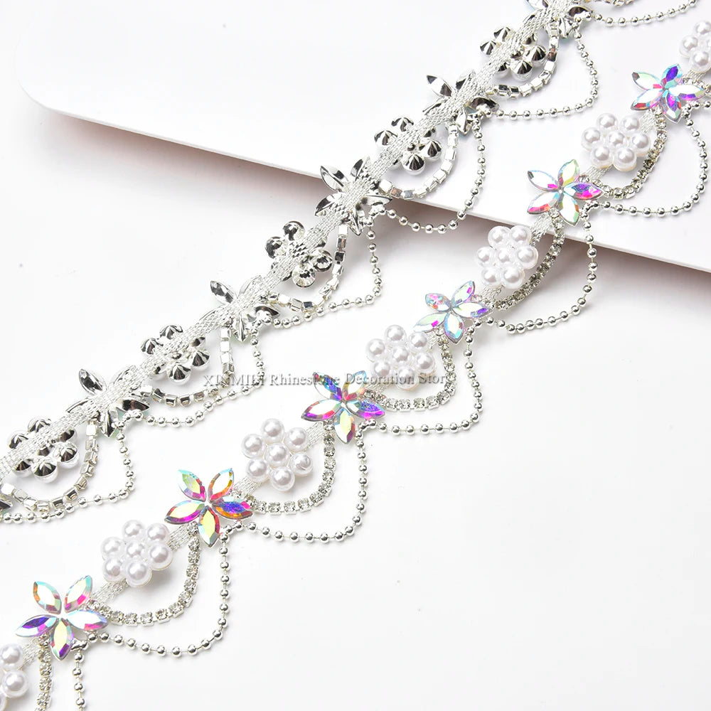 DIY Pearl Flower Crystal Tassel Chain Rhinestone Trim Fringe Sew on Collar Shoulder Strap Clothing Decoration Craft