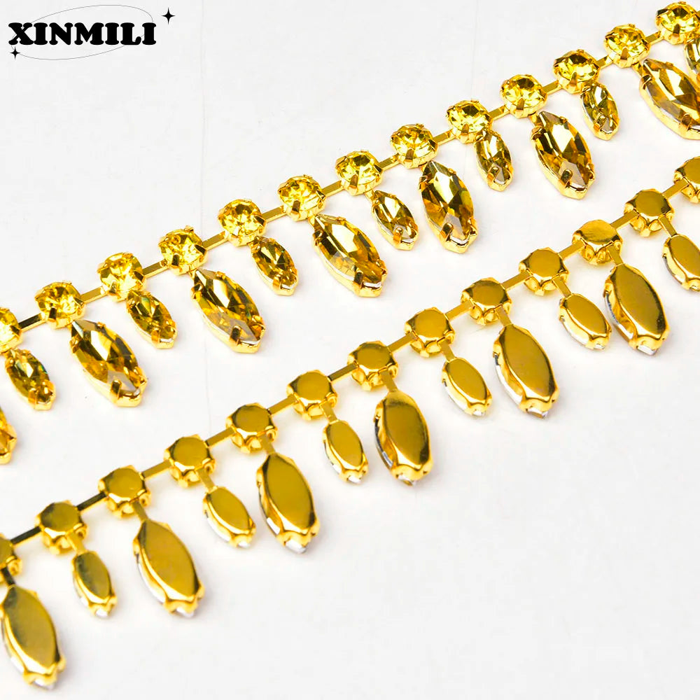 Glass Rhinestone Chain 8mm Round+8x13mm Teardrop Clear Crystal Trimming Gold Metal Base 2cm Width Sew On Garment DIY