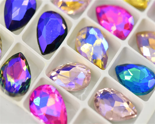 Color AB strass crystal teardrop rhinestones  wedding Jewelry Accessories glass stones pointback beads 20x30mm 13x18mm 10x14mm