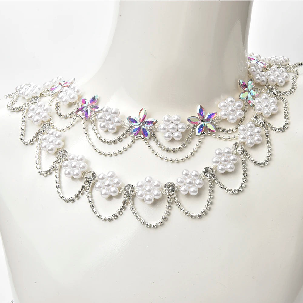 DIY Pearl Flower Crystal Tassel Chain Rhinestone Trim Fringe Sew on Collar Shoulder Strap Clothing Decoration Craft