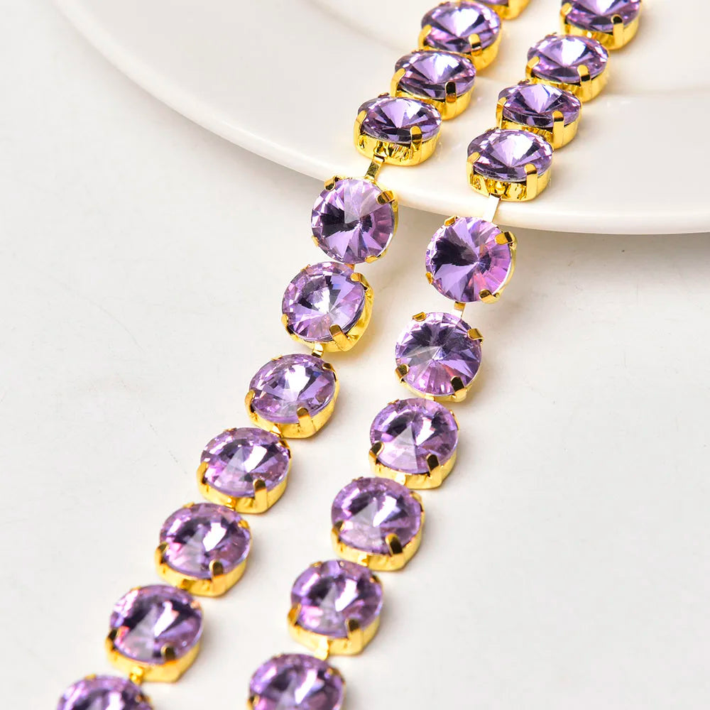 Handmade 12mm Circular Satellite Glass Rhinestone Chain Shiny Round Crystal Trim Ribbon Sewing on Wedding Clothing Accessories