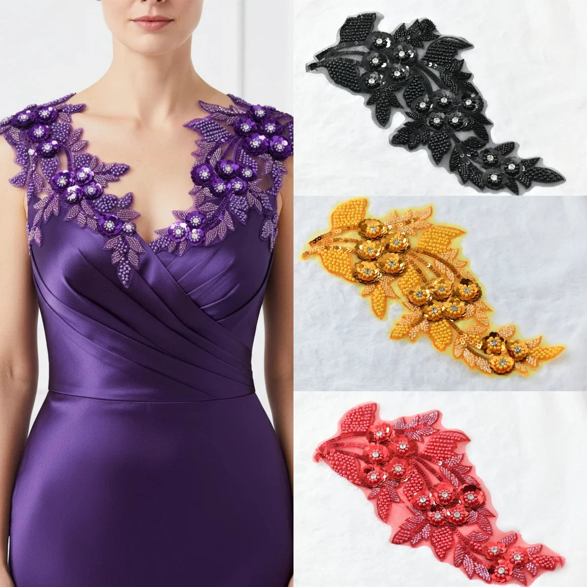 1 pcs Embroidered pearld Beads 3D Flower garment  Applique Lace Fabric  rhinestones  Sew Patch Wedding Bridal Gown Clothes Dress