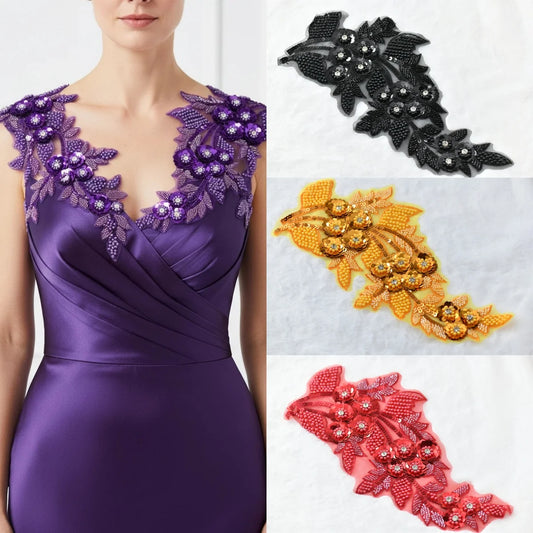 1 pcs Embroidered pearld Beads 3D Flower garment  Applique Lace Fabric  rhinestones  Sew Patch Wedding Bridal Gown Clothes Dress