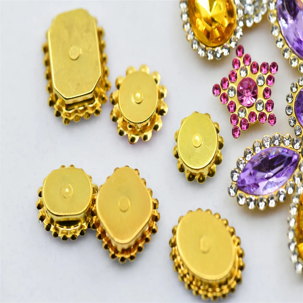 50pcs Glitter Mixed Shape mixed size sunflower Acrylic stones Rhinestone with gold Claw Acrylic sewing apliques  glitter