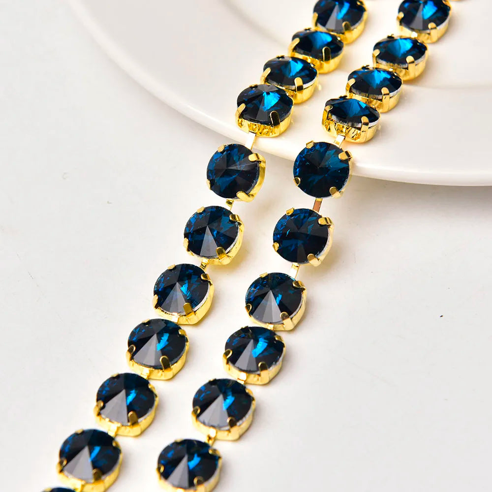 Handmade 12mm Circular Satellite Glass Rhinestone Chain Shiny Round Crystal Trim Ribbon Sewing on Wedding Clothing Accessories