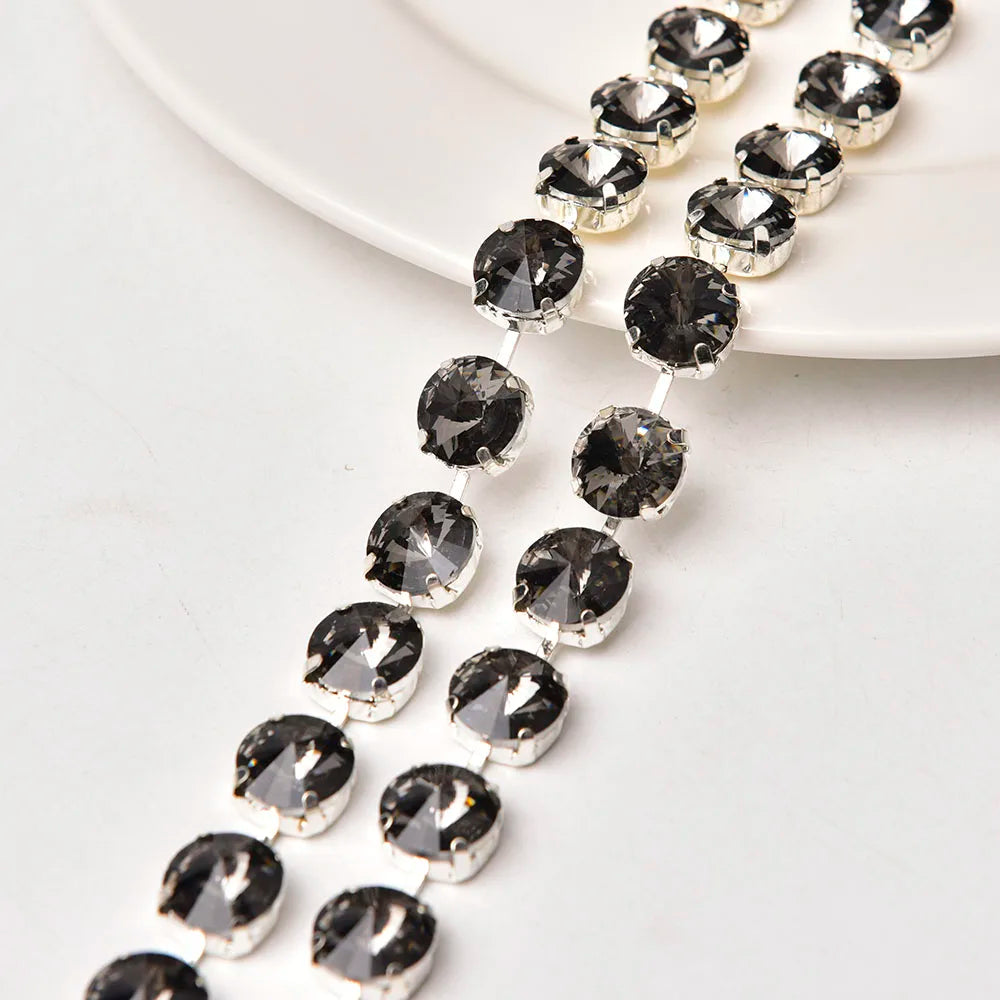 Handmade 12mm Circular Satellite Glass Rhinestone Chain Shiny Round Crystal Trim Ribbon Sewing on Wedding Clothing Accessories