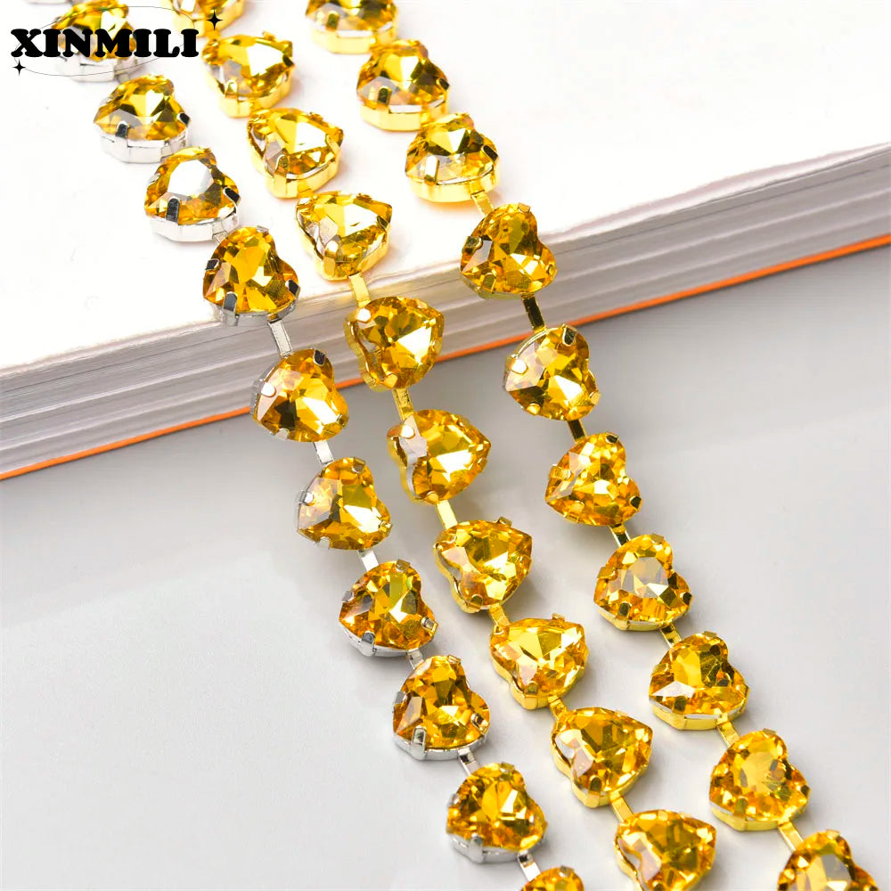 10mm High Quality Multi-color Heart Glass Crystal Metal Cup Chain DIY Wedding Jewelry Clothing Accessories Rhinestone Trim