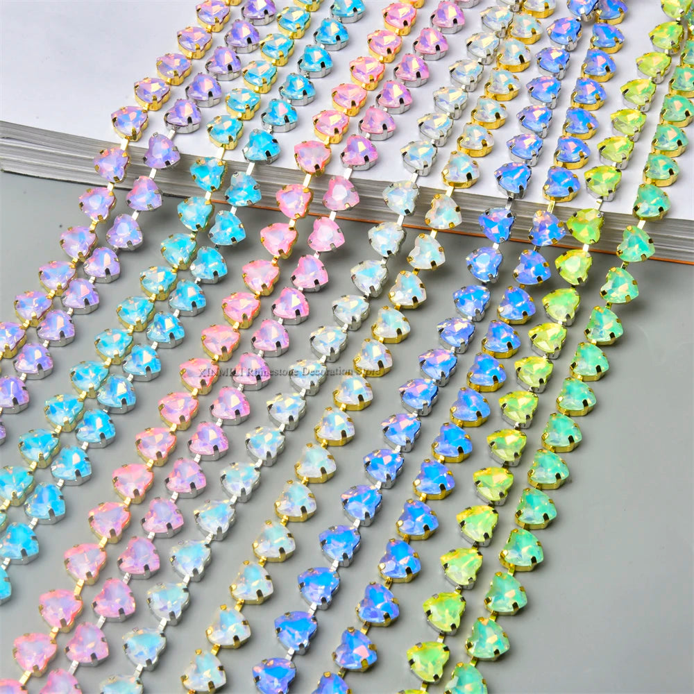 10mm High Quality Multi-color Heart Glass Crystal Metal Cup Chain DIY Wedding Jewelry Clothing Accessories Rhinestone Trim