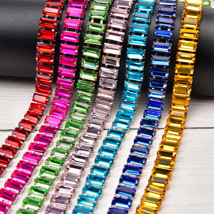 3 Yard Glass Strip Tape Crystal Trim Strass Applique 5*10mm Rectangle Rhinestone Cup Chain Diy Bridal Outfit Clothes Accessories