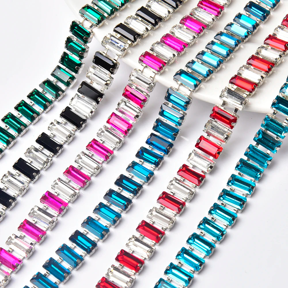 3 Yard Glass Strip Tape Crystal Trim Strass Applique 5*10mm Rectangle Rhinestone Cup Chain Diy Bridal Outfit Clothes Accessories