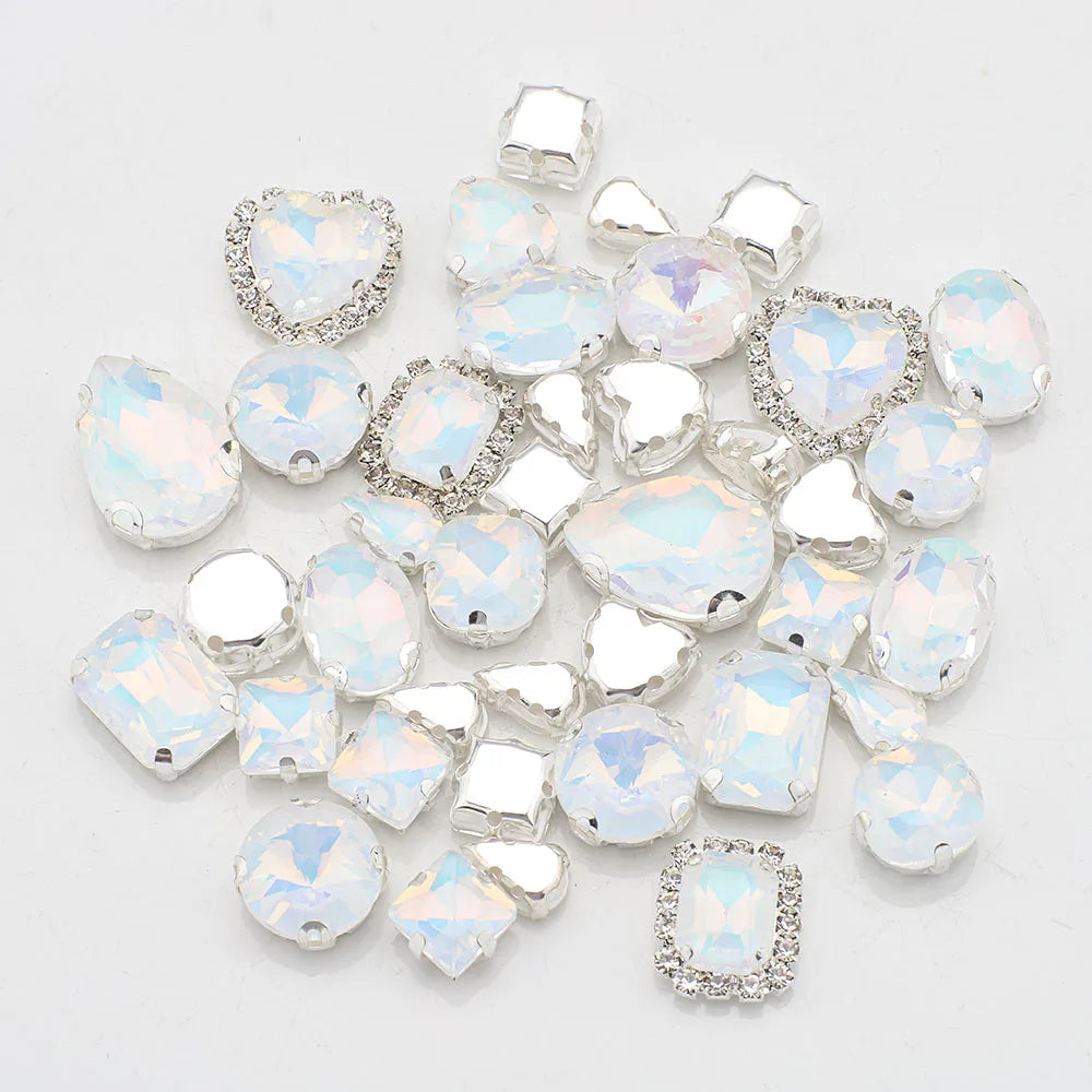Mix Shape jelly Glass Rhinestones Silver Flatback Claw Gems for Craft stones Sew-On for Dress Clothes Decoration 40pcs