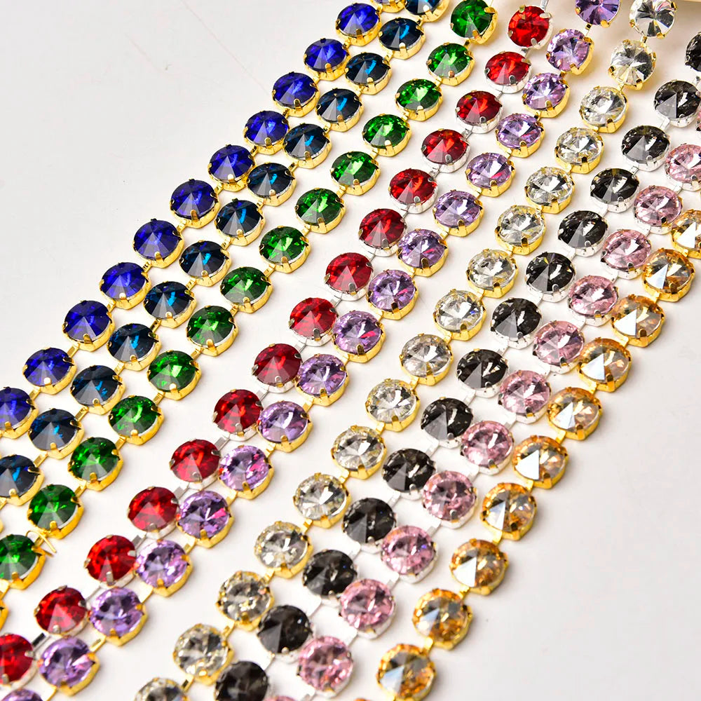 Handmade 12mm Circular Satellite Glass Rhinestone Chain Shiny Round Crystal Trim Ribbon Sewing on Wedding Clothing Accessories