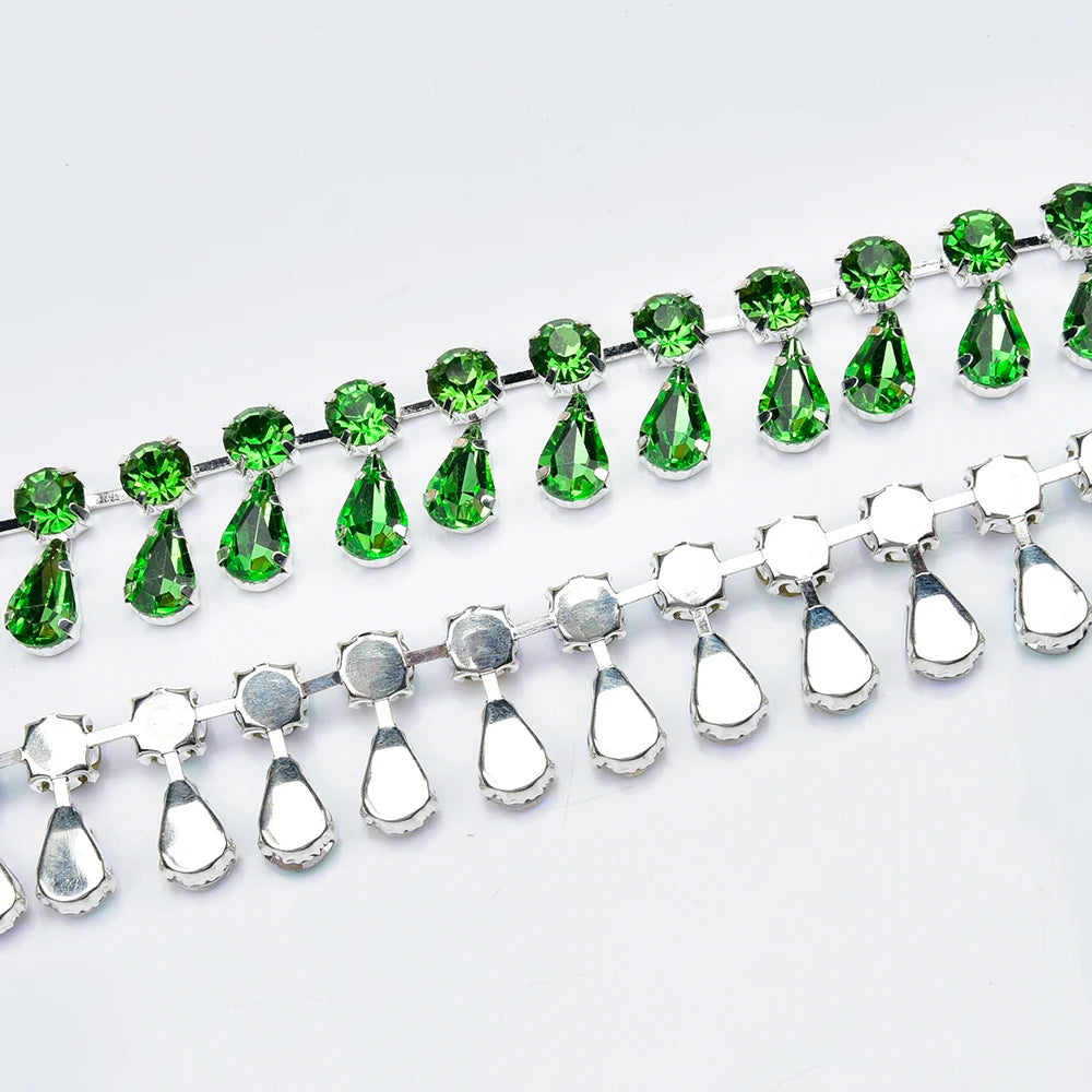 Glass Rhinestone Chain 8mm Round+8x13mm Teardrop Clear Crystal Trimming Gold Metal Base 2cm Width Sew On Garment DIY