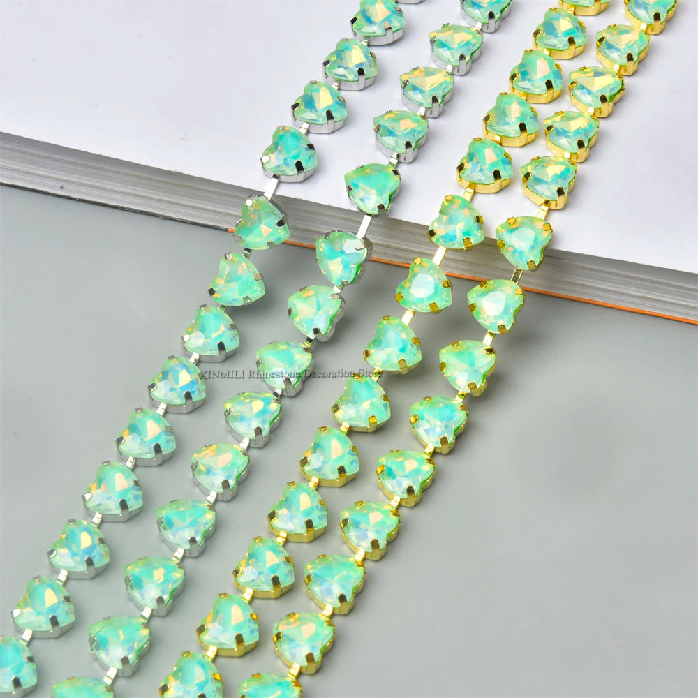 10mm High Quality Multi-color Heart Glass Crystal Metal Cup Chain DIY Wedding Jewelry Clothing Accessories Rhinestone Trim