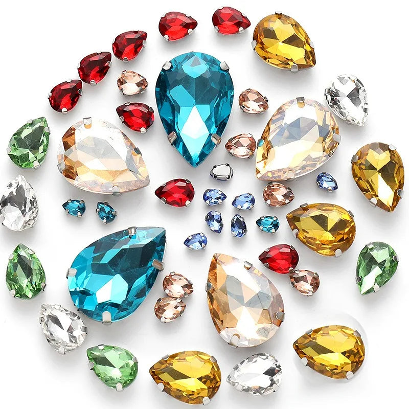 50pcs crystal  Rhinestones teardrop mixed size Stones with white k claw  Sew on accessories shoes bag diy