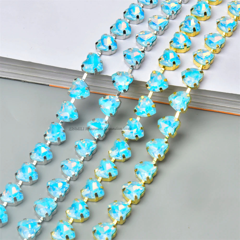 10mm High Quality Multi-color Heart Glass Crystal Metal Cup Chain DIY Wedding Jewelry Clothing Accessories Rhinestone Trim