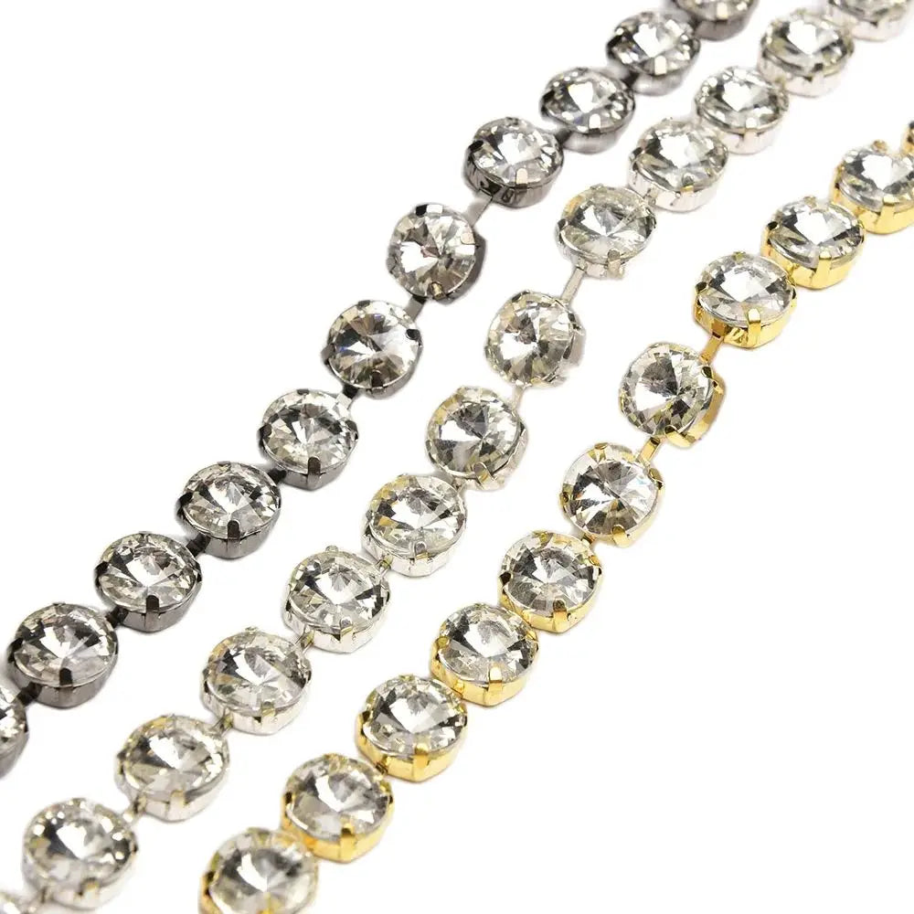 Handmade 12mm Circular Satellite Glass Rhinestone Chain Shiny Round Crystal Trim Ribbon Sewing on Wedding Clothing Accessories