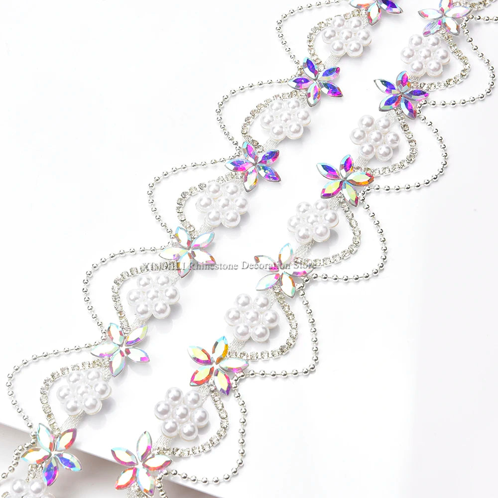 DIY Pearl Flower Crystal Tassel Chain Rhinestone Trim Fringe Sew on Collar Shoulder Strap Clothing Decoration Craft