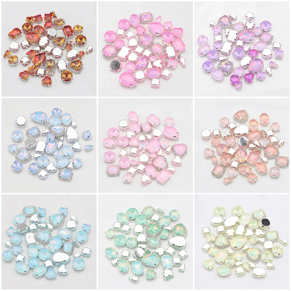 Mix Shape jelly Glass Rhinestones Silver Flatback Claw Gems for Craft stones Sew-On for Dress Clothes Decoration 40pcs