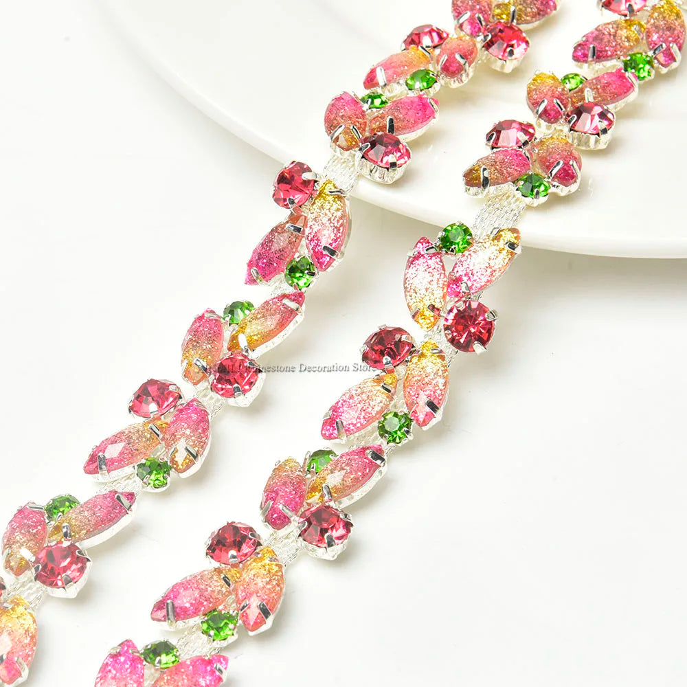 Jelly Pink Leaf Diamond Rhinestone Ribbon Trim Glitter Crystal Chain DIY Dress Belt Applique for Clothing Shoes Accessories