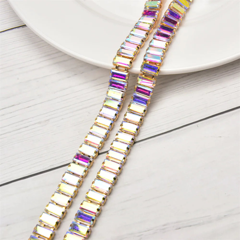 3 Yard Glass Strip Tape Crystal Trim Strass Applique 5*10mm Rectangle Rhinestone Cup Chain Diy Bridal Outfit Clothes Accessories