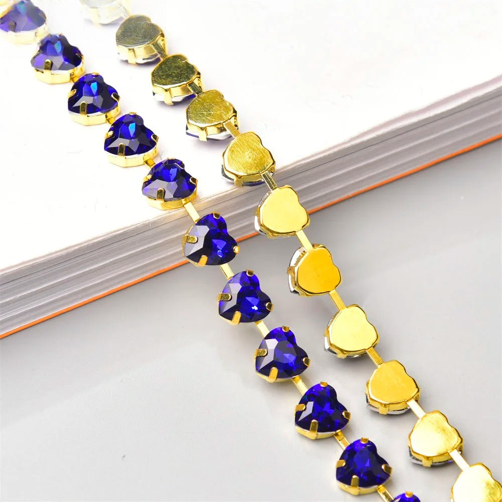 10mm High Quality Multi-color Heart Glass Crystal Metal Cup Chain DIY Wedding Jewelry Clothing Accessories Rhinestone Trim