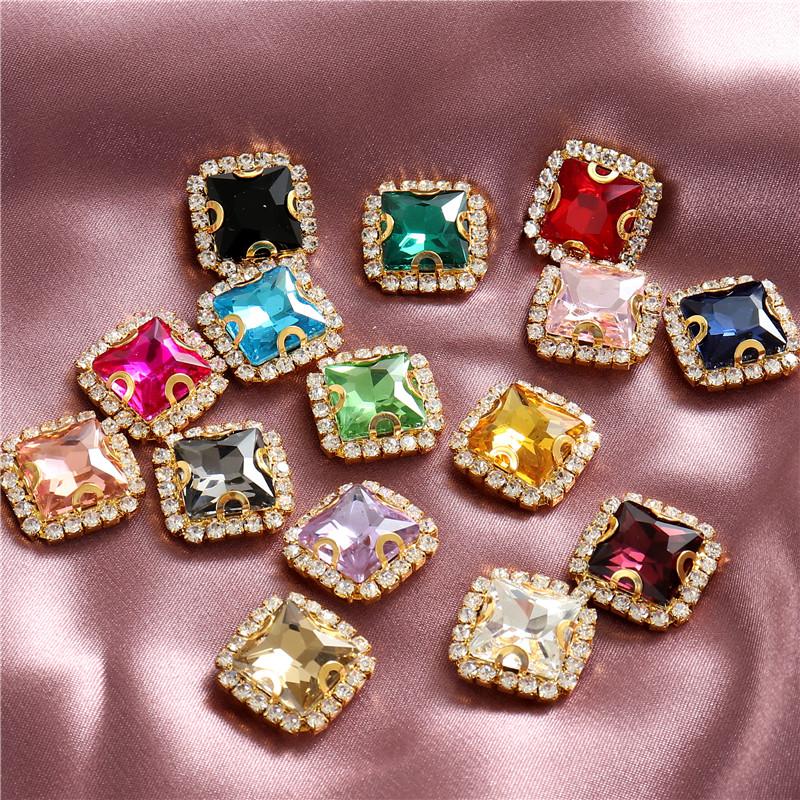 10mm 12mm 14mm Crystals Square Glass Sew on Rhinestones With Golden Claw Flatback Sewing Supplies Stones For Diy Clothing