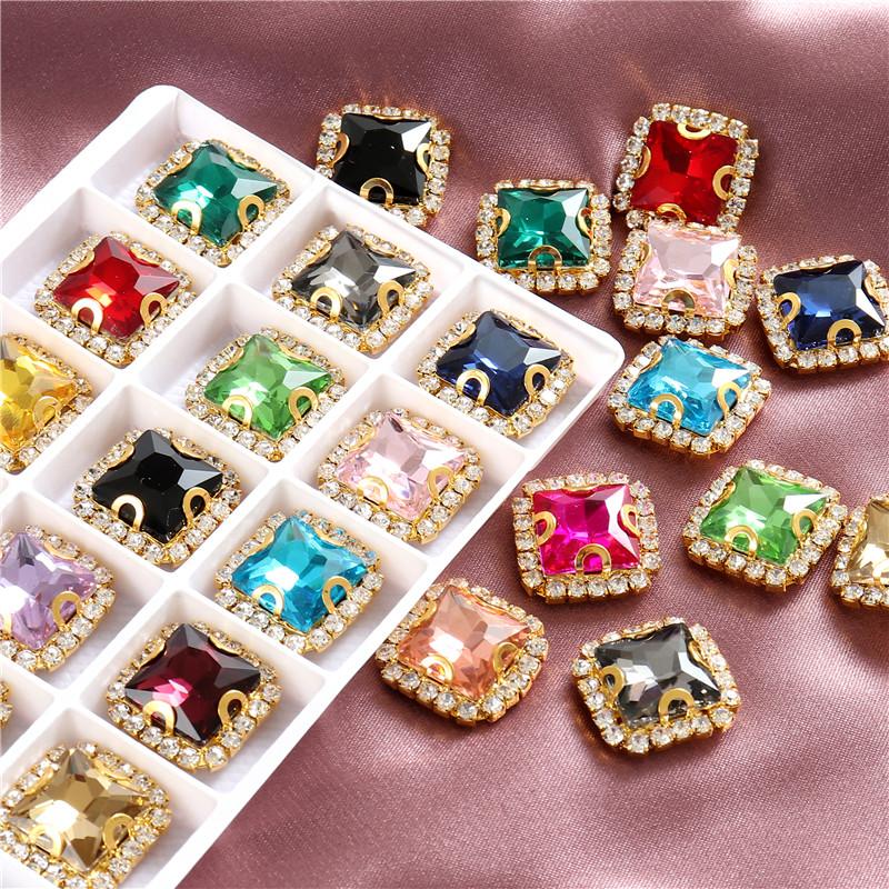 10mm 12mm 14mm Crystals Square Glass Sew on Rhinestones With Golden Claw Flatback Sewing Supplies Stones For Diy Clothing