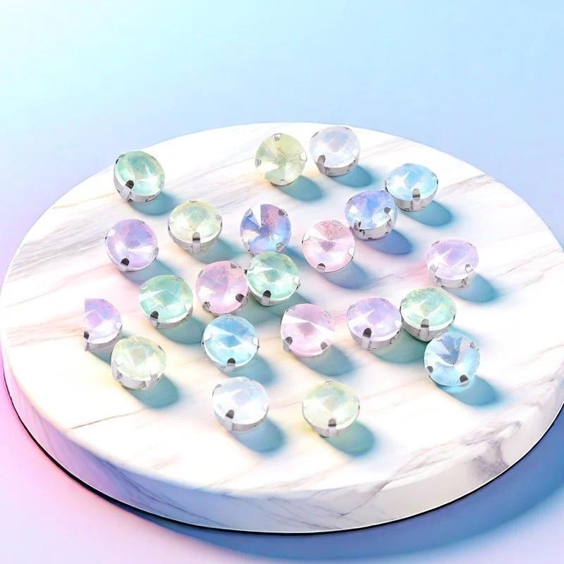 10mm 12mm 14mm Round rivoli Sew on Glass Rhinestone With Silver Claw Flatback Crystal For clothes Wedding handmade Accessories