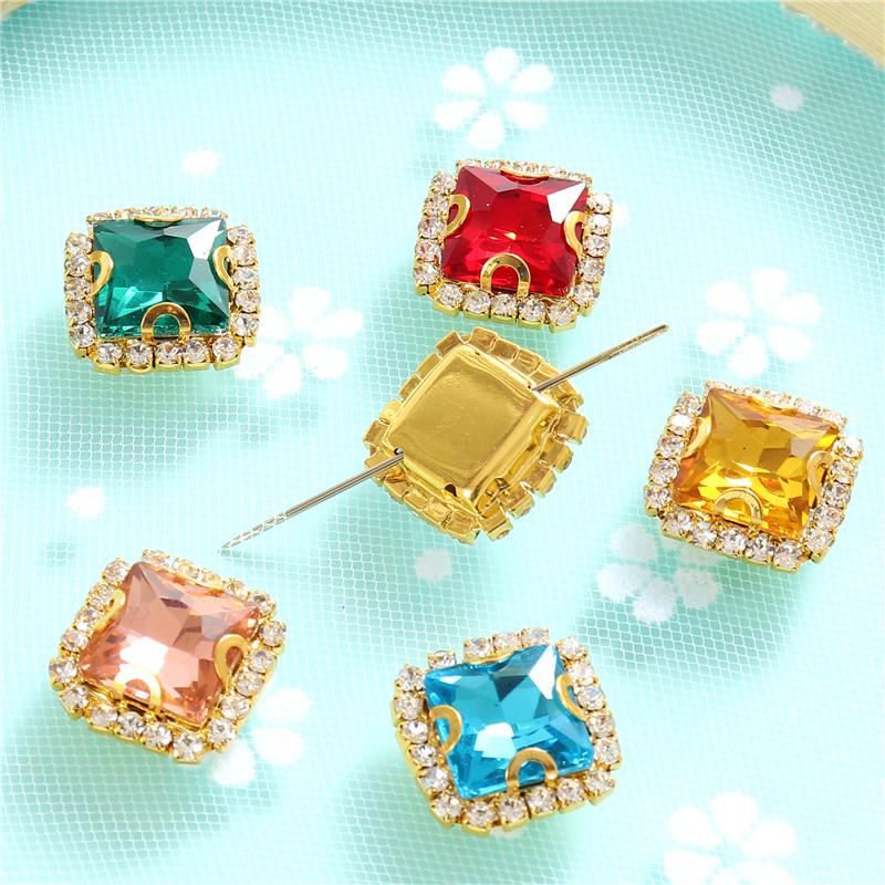 10mm 12mm 14mm Crystals Square Glass Sew on Rhinestones With Golden Claw Flatback Sewing Supplies Stones For Diy Clothing